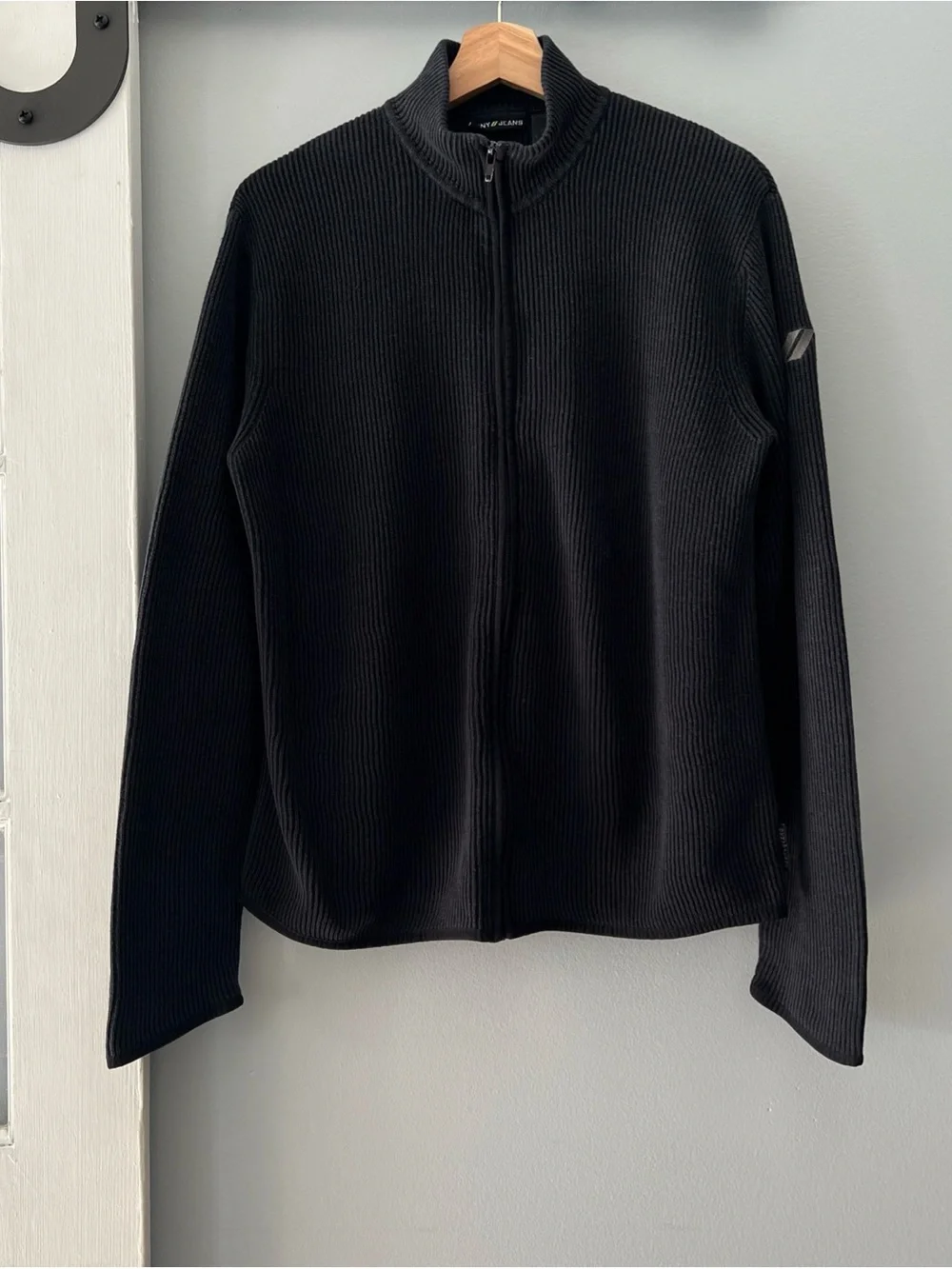 VTG Y2K DKNY Jeans Ribbed Knit Full Zip Sweater Faded Black Ramie Cotton